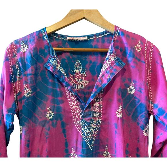 VTG Jest Jewels Tie Dye Embroidered Tunic Pink Blue Large Hippie Groovy Indie - Picture 4 of 13